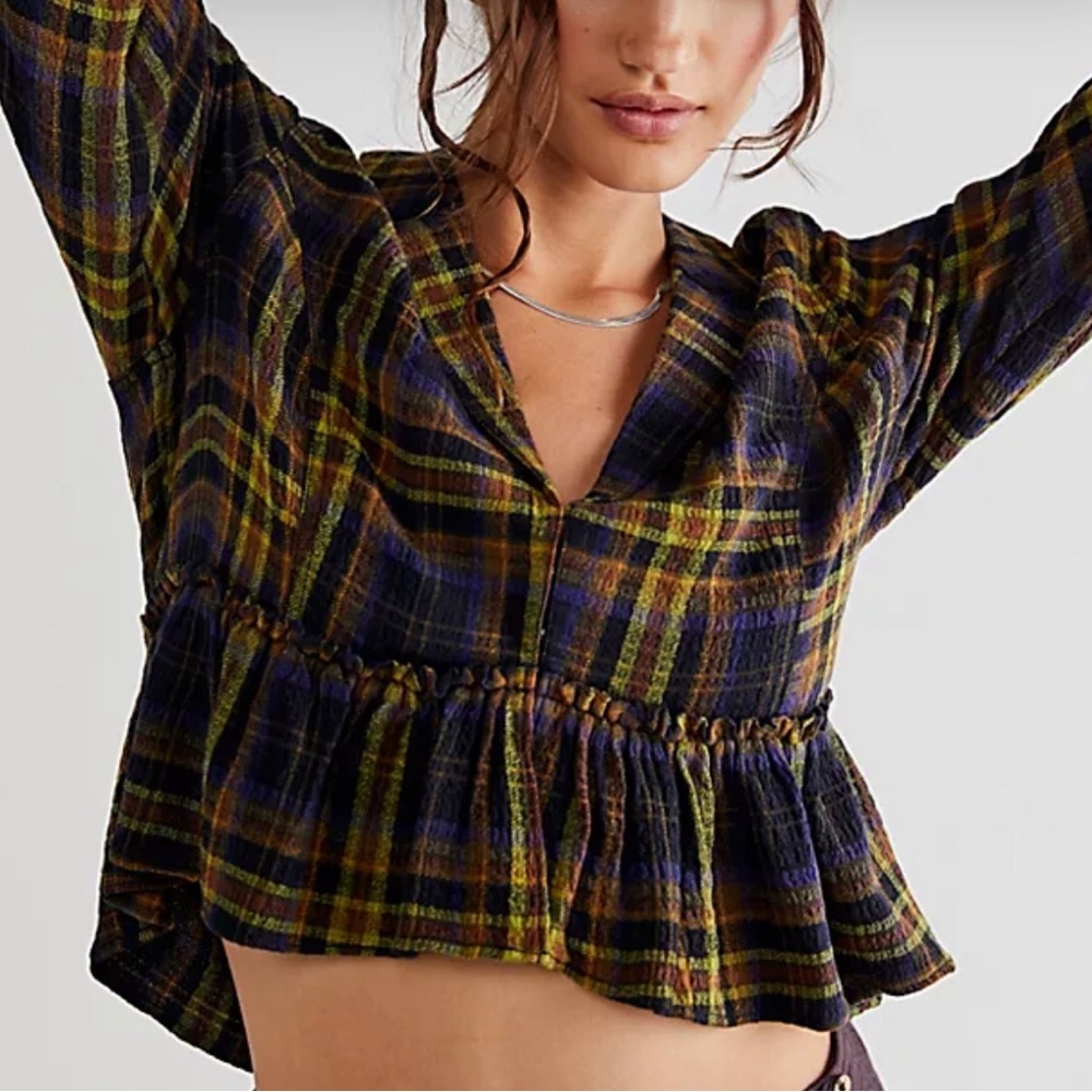 We The Free Blue and Yellow Plaid Top Ruffled Up Plaid Shirt Jacket Size S